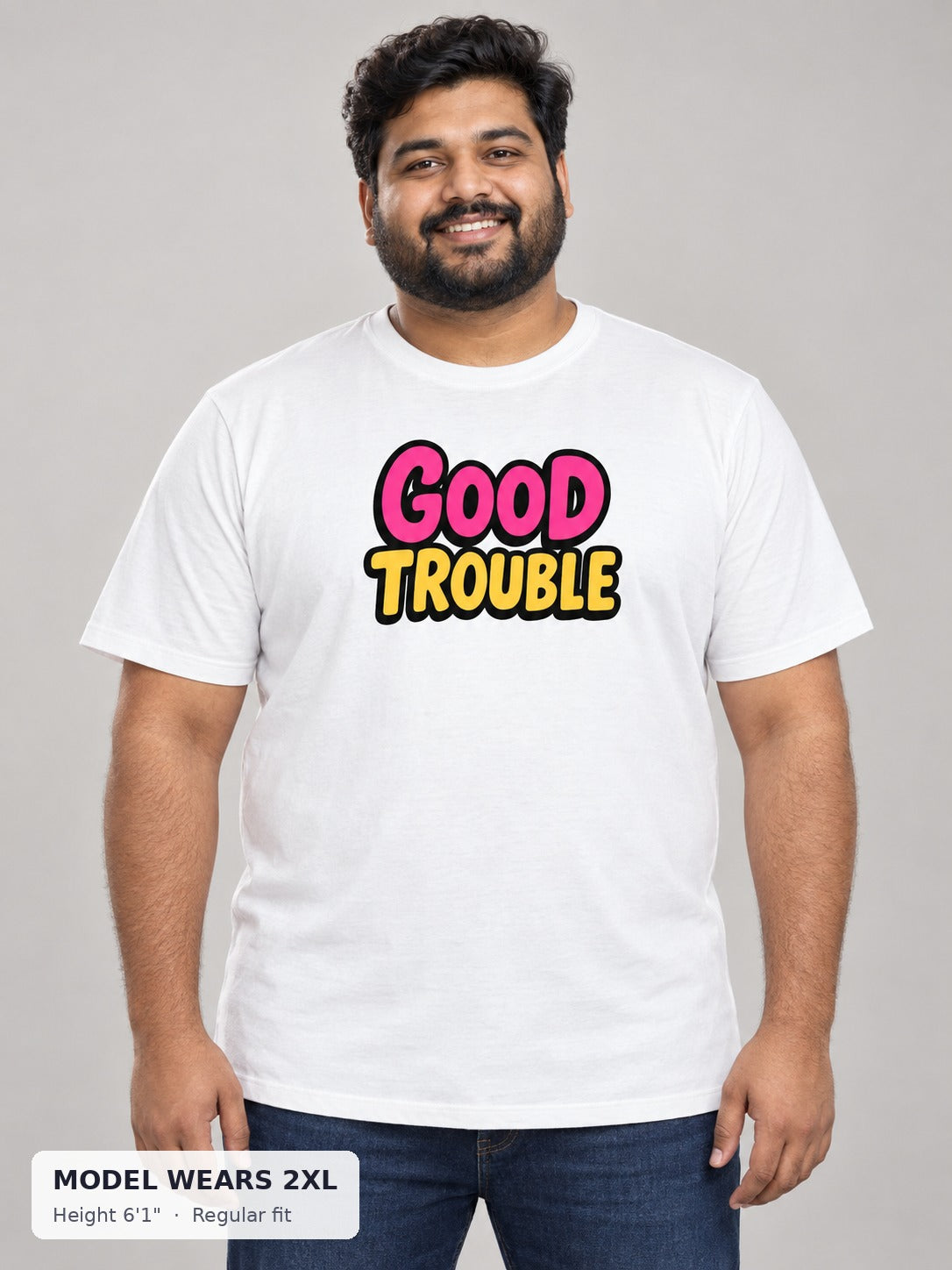 Good Trouble Bold Print Tee on a plus-size model wearing size 2XL, 6'1" - Good Trouble Fashion