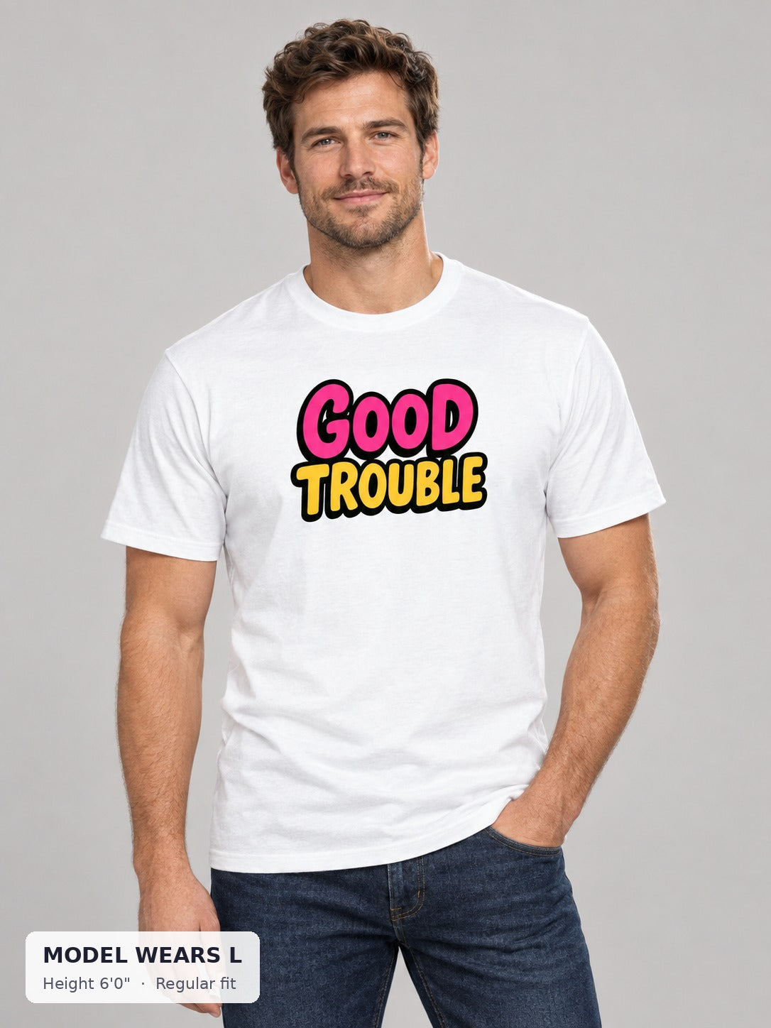 Good Trouble Bold Print Tee on an athletic model wearing size L, 6'0" - Good Trouble Fashion