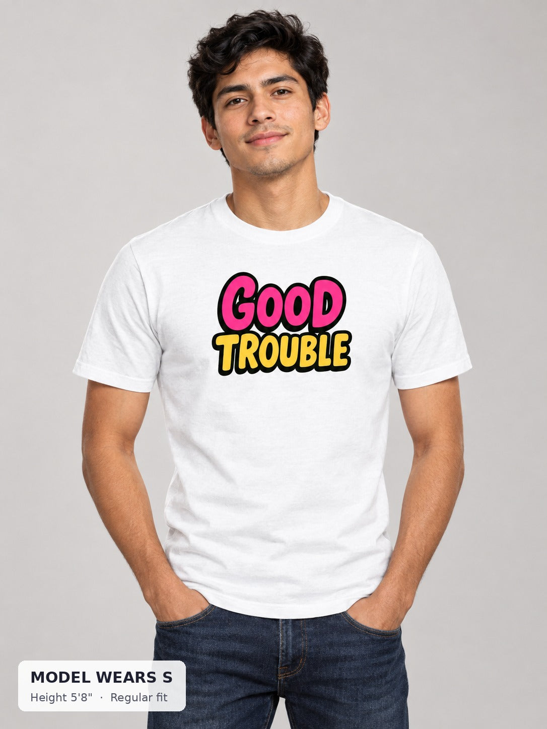 Good Trouble Bold Print Tee on a slim model wearing size S, 5'8" - Good Trouble Fashion