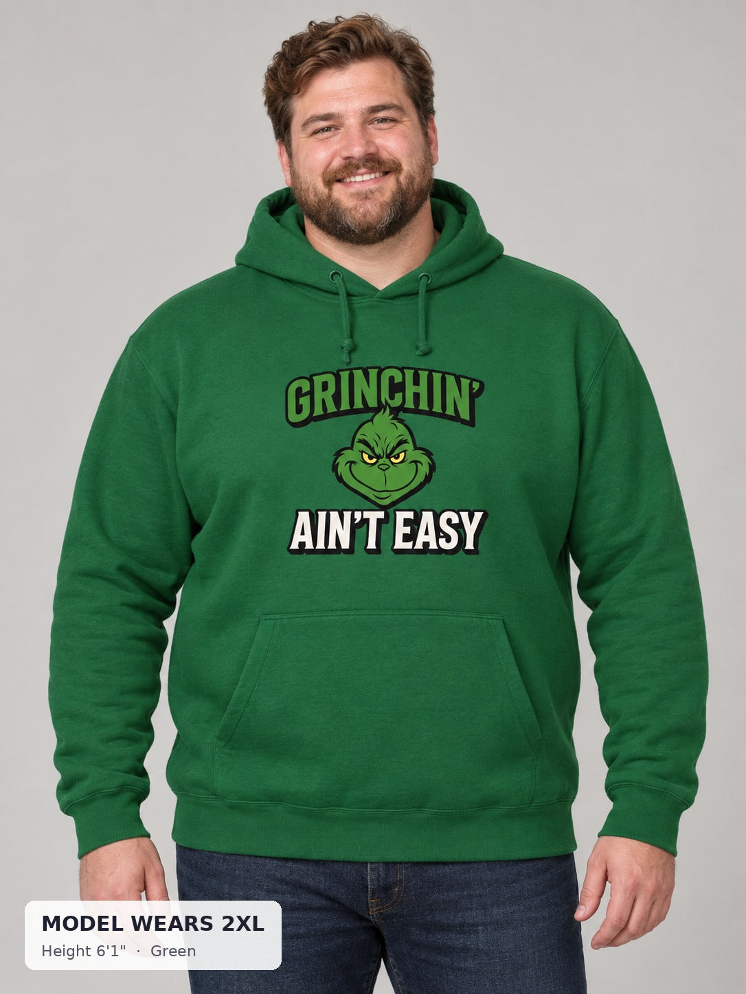 Grinchin' Ain't Easy Hoodie in Green on a plus-size model wearing size 2XL, 6'1" - Good Trouble Fashion