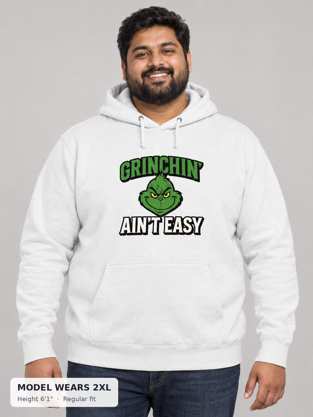 Grinchin' Ain't Easy Hoodie on a plus-size model wearing size 2XL, 6'1" - Good Trouble Fashion