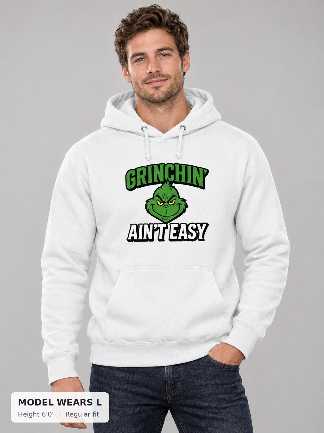 Grinchin' Ain't Easy Hoodie on an athletic model wearing size L, 6'0" - Good Trouble Fashion