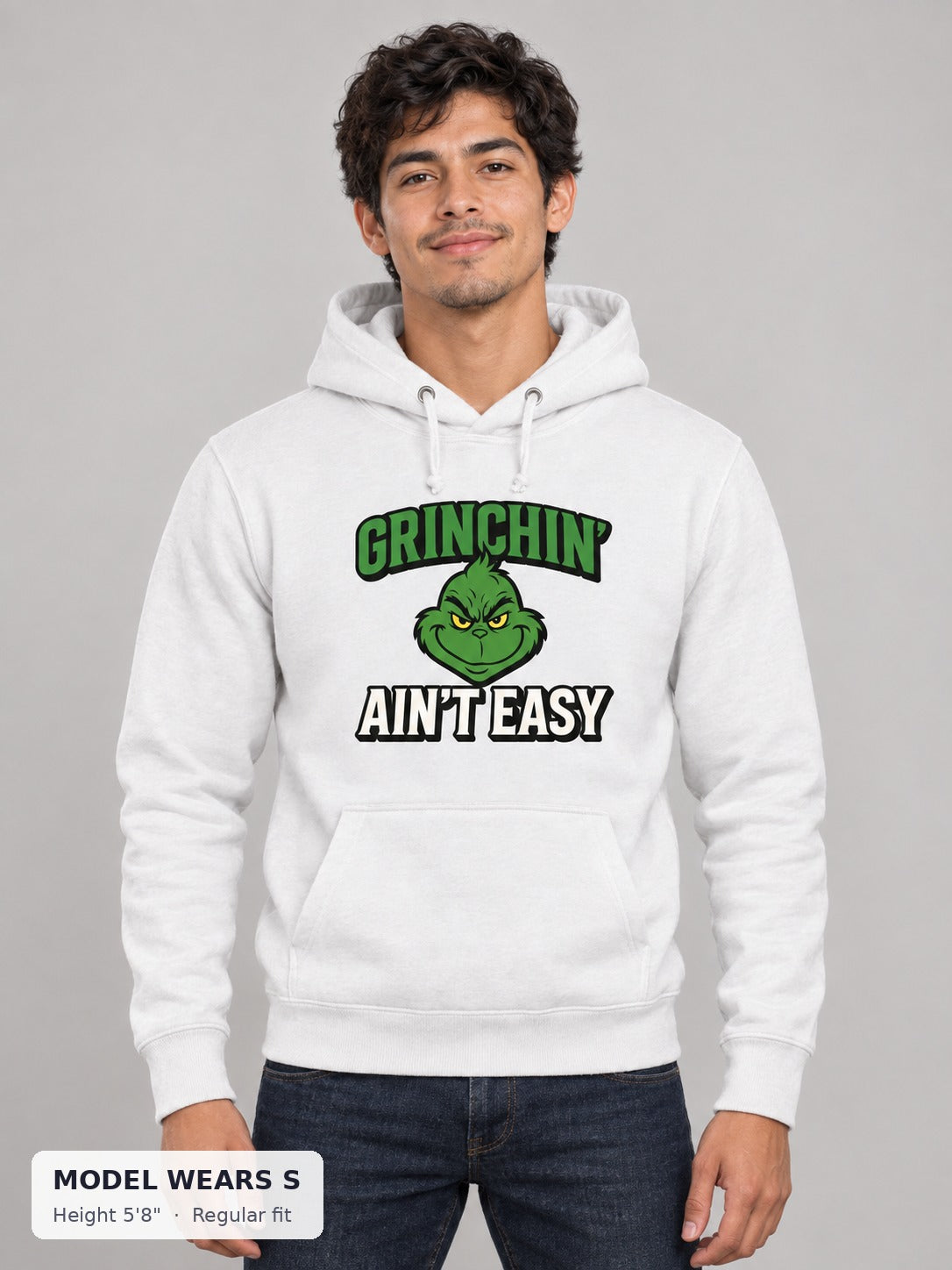 Grinchin' Ain't Easy Hoodie on a slim model wearing size S, 5'8" - Good Trouble Fashion