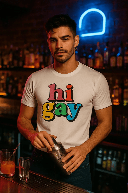 Hi Gay T-Shirt – unisex graphic cotton T-shirt from Good Trouble Fashion – soft jersey tee product photo