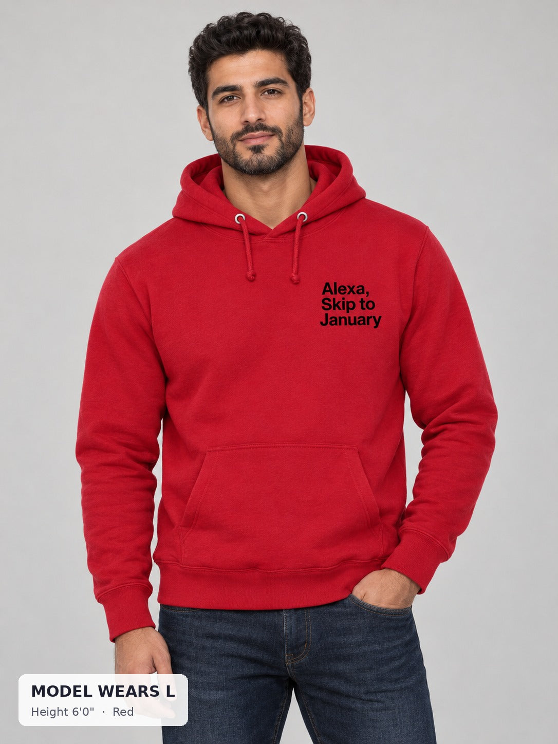 Alexa, Skip to January Hoodie in Red on an athletic model wearing size L, 6'0" - Good Trouble Fashion