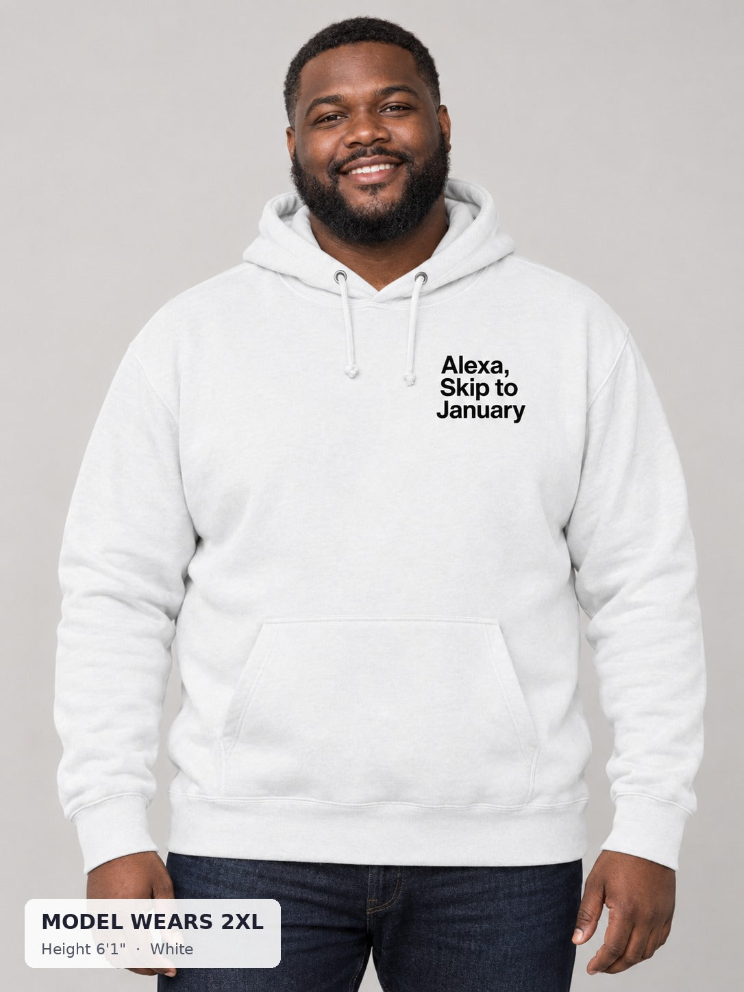 Alexa, Skip to January Hoodie in White on a plus-size model wearing size 2XL, 6'1" - Good Trouble Fashion