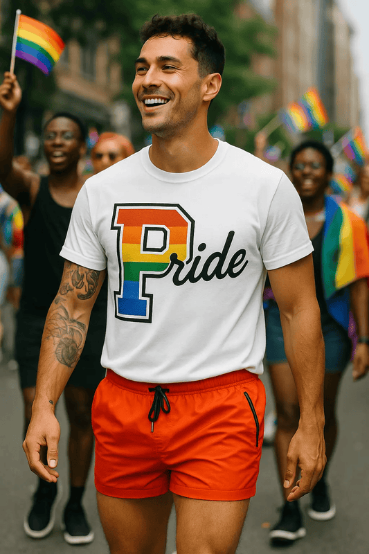 GOOD TROUBLE FASHION Pride Varsity T-Shirt Rainbow Tee - Good Trouble Fashion