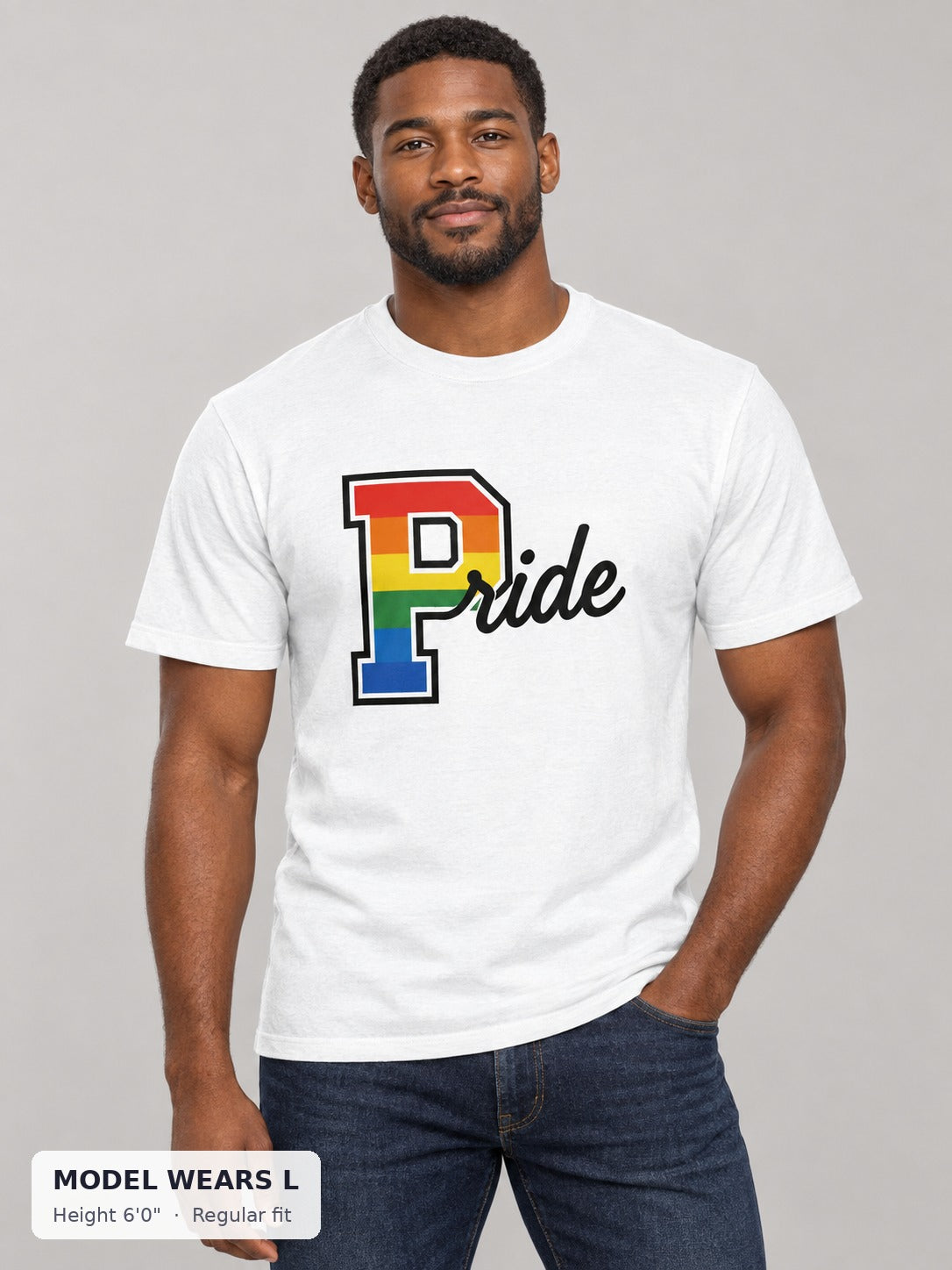 Pride Varsity Tee on an athletic model wearing size L, 6'0" - Good Trouble Fashion