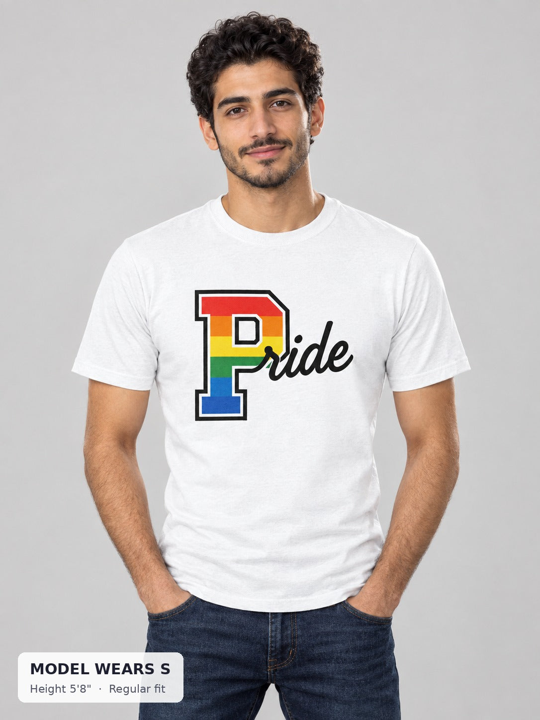 Pride Varsity Tee on a slim model wearing size S, 5'8" - Good Trouble Fashion