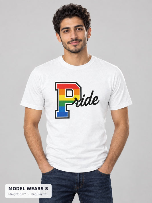 Pride Varsity Tee on a slim model wearing size S, 5'8" - Good Trouble Fashion