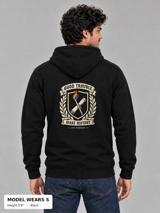 Good Trouble Heritage Crest Hoodie in Black, back view showing the GOOD TROUBLE Make History crest back print, on a slim model wearing size S, 5'8" - Good Trouble Fashion