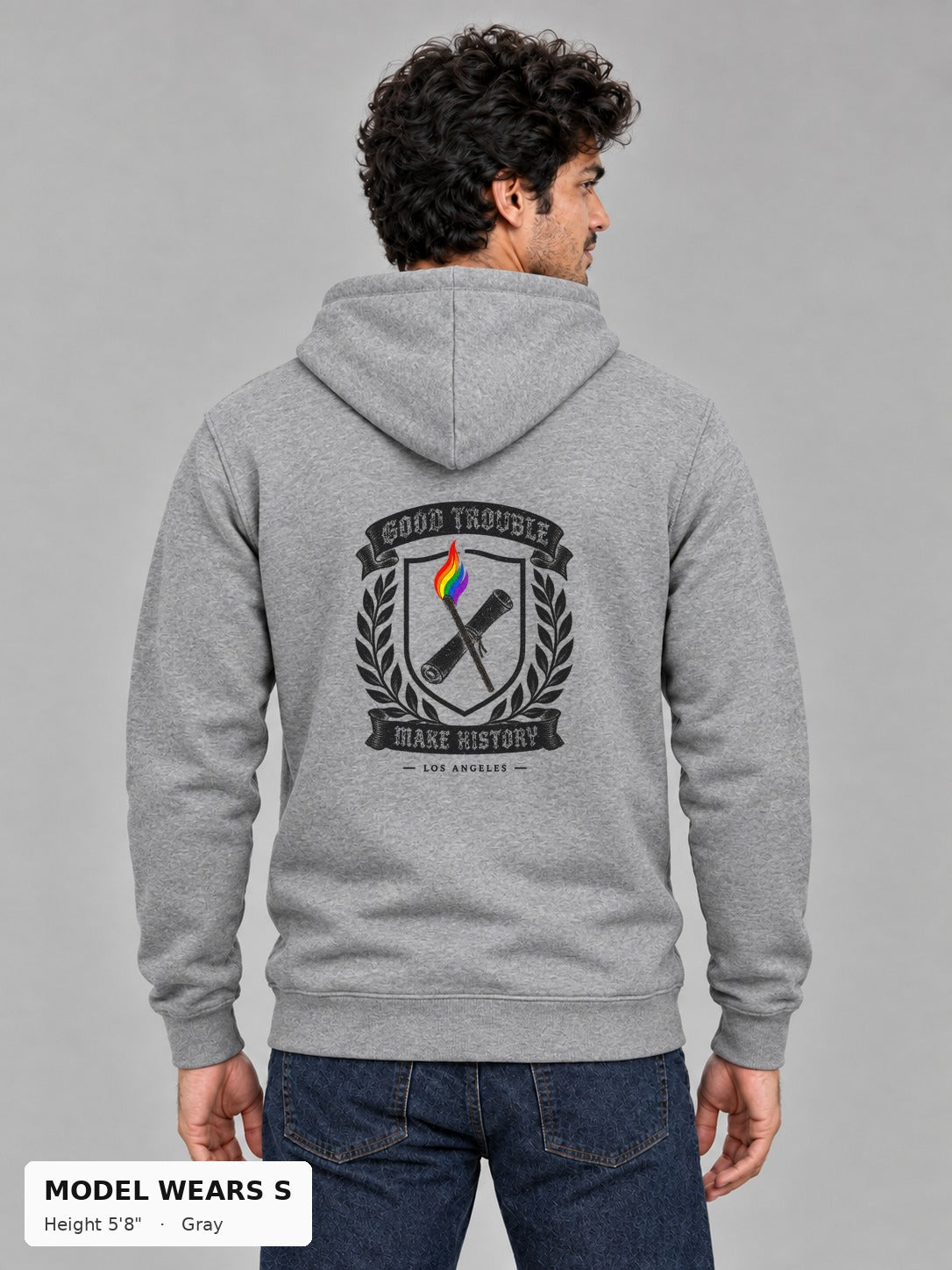 Good Trouble Heritage Crest Hoodie in Gray, back view showing the GOOD TROUBLE Make History crest back print, on a slim model wearing size S, 5'8" - Good Trouble Fashion