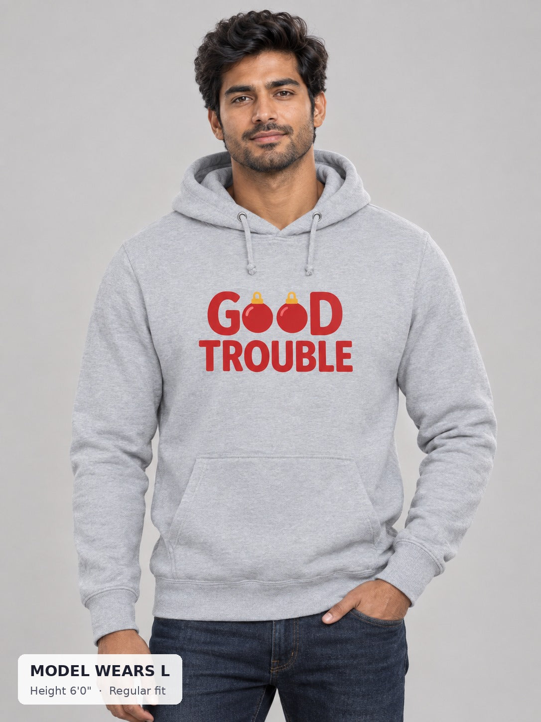 Good Trouble Holiday Hoodie on an athletic model wearing size L, 6'0" - Good Trouble Fashion