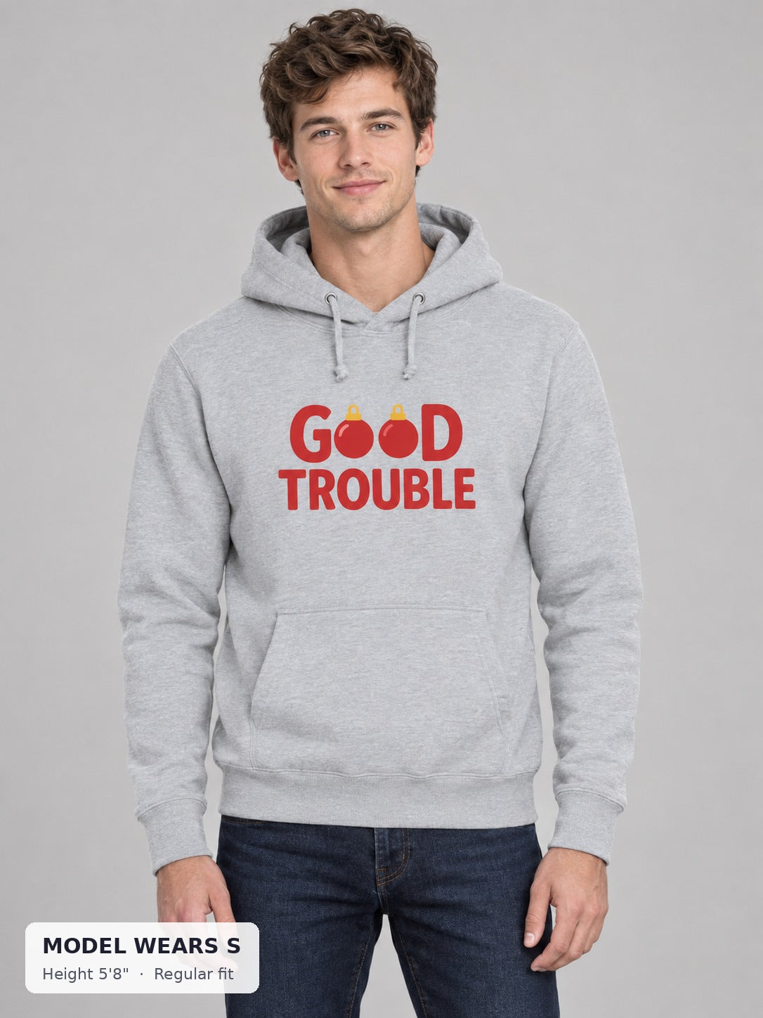 Good Trouble Holiday Hoodie on a slim model wearing size S, 5'8" - Good Trouble Fashion