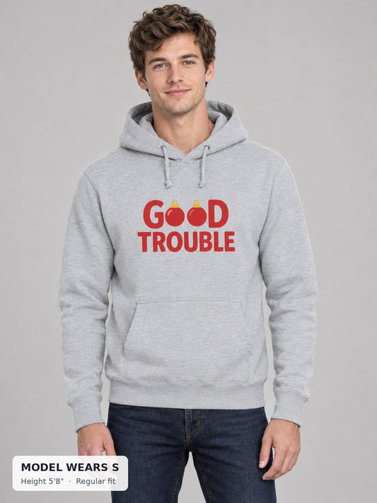 Good Trouble Holiday Hoodie on a slim model wearing size S, 5'8" - Good Trouble Fashion