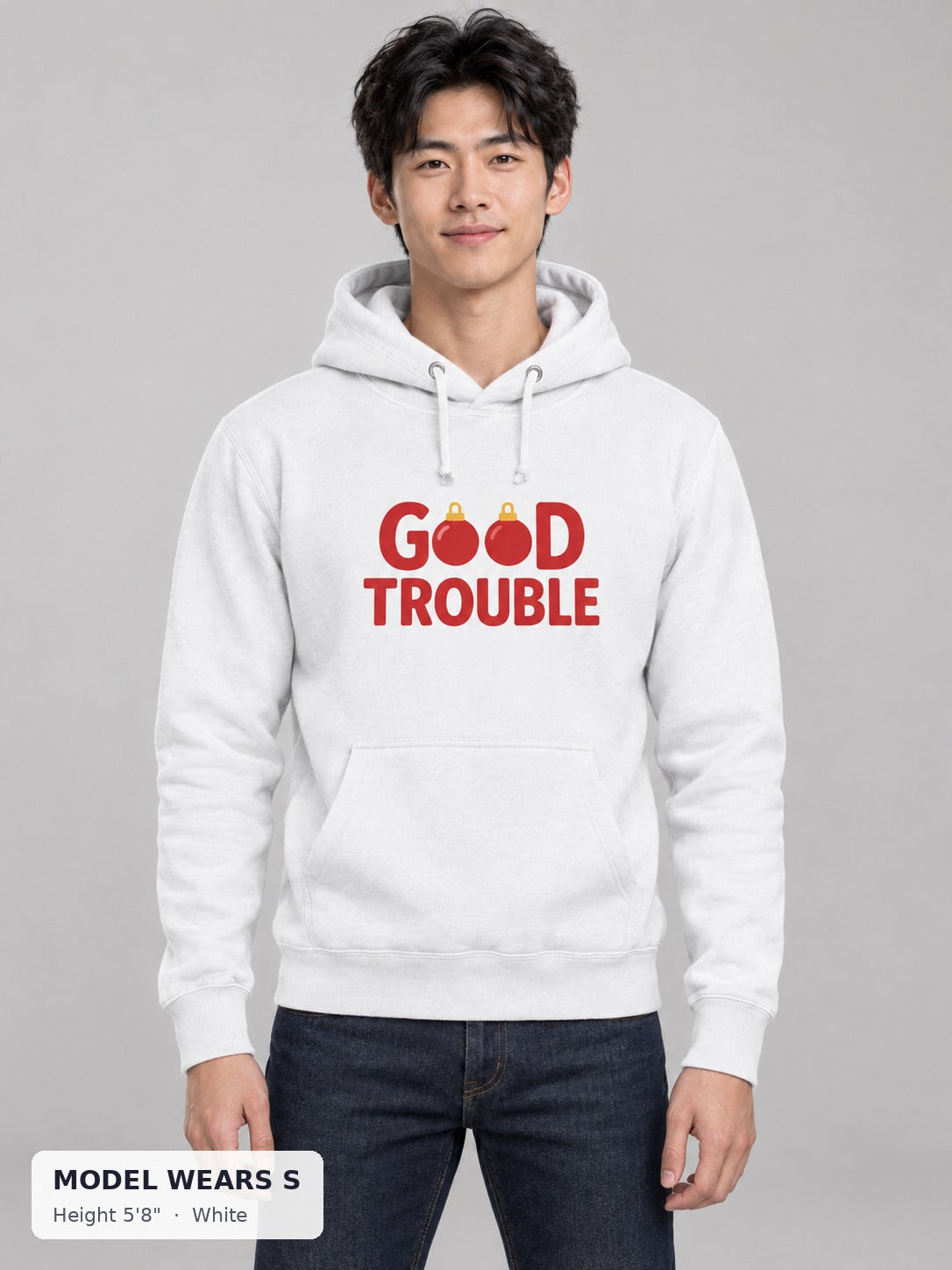 Good Trouble Holiday Hoodie in White on a slim model wearing size S, 5'8" - Good Trouble Fashion