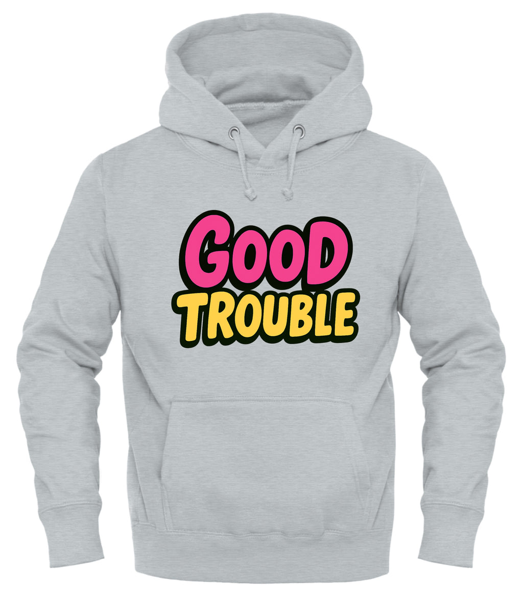 Light gray Good Trouble hoodie with colorful graphic print for stylish comfort
