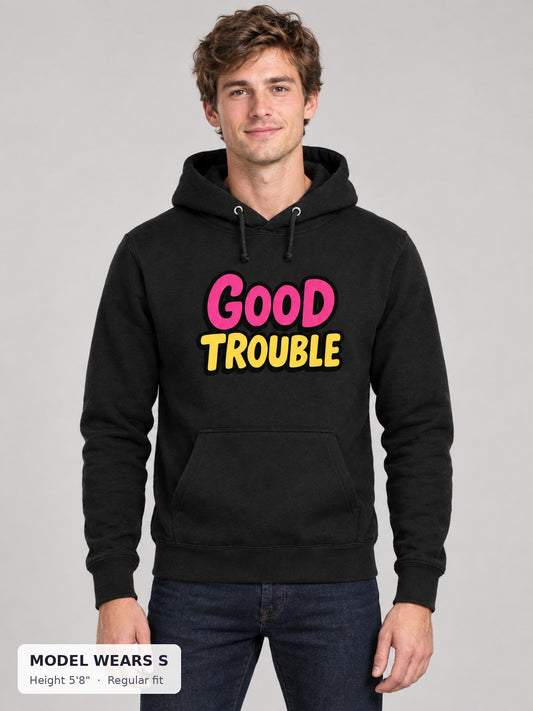 Good Trouble Hoodie on a slim model wearing size S, 5'8" - Good Trouble Fashion