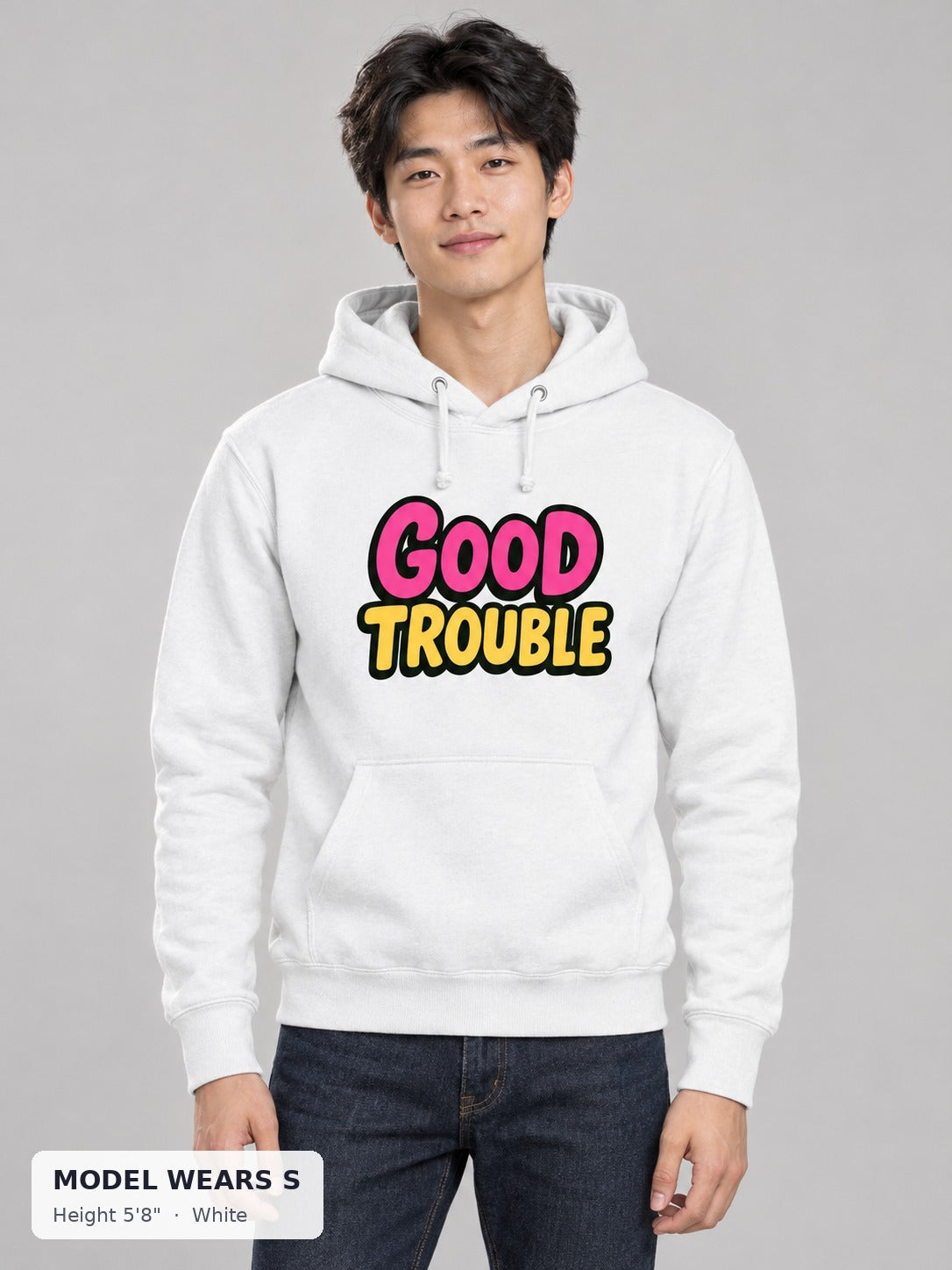Good Trouble Hoodie in White on a slim model wearing size S, 5'8" - Good Trouble Fashion