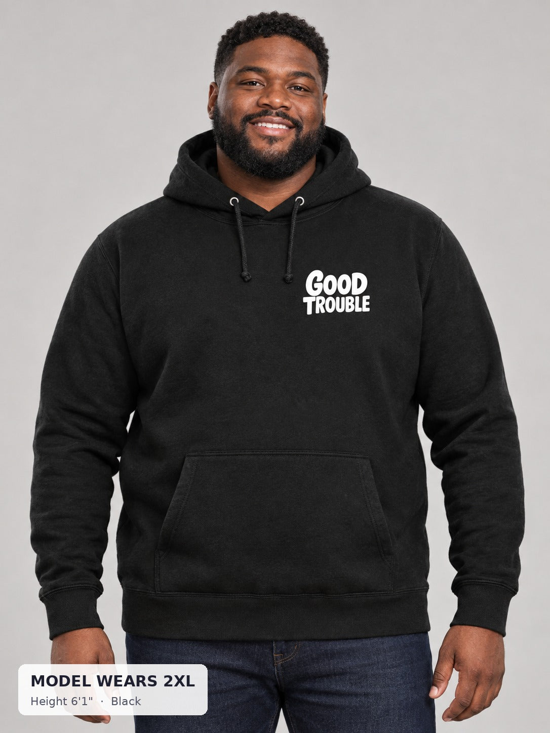 Good Trouble Chest Logo Hoodie in Black on a plus-size model wearing size 2XL, 6'1" - Good Trouble Fashion