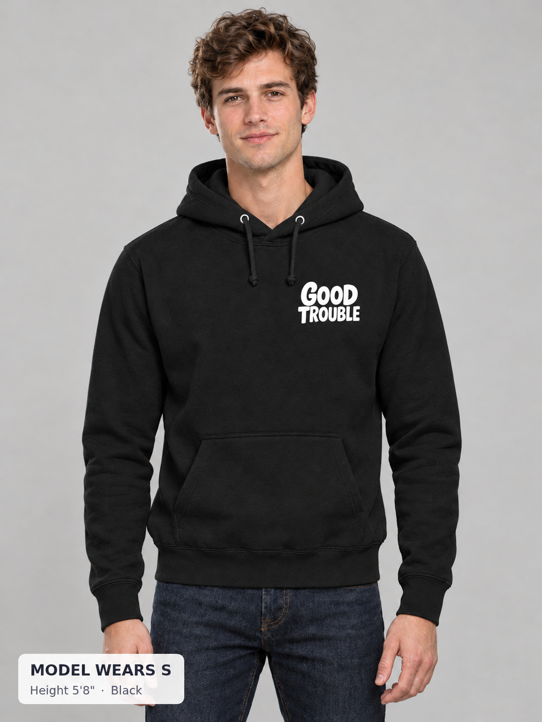 Good Trouble Chest Logo Hoodie in Black on a slim model wearing size S, 5'8" - Good Trouble Fashion