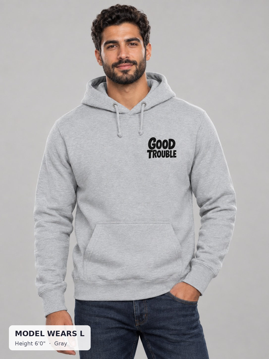 Good Trouble Chest Logo Hoodie in Gray on an athletic model wearing size L, 6'0" - Good Trouble Fashion