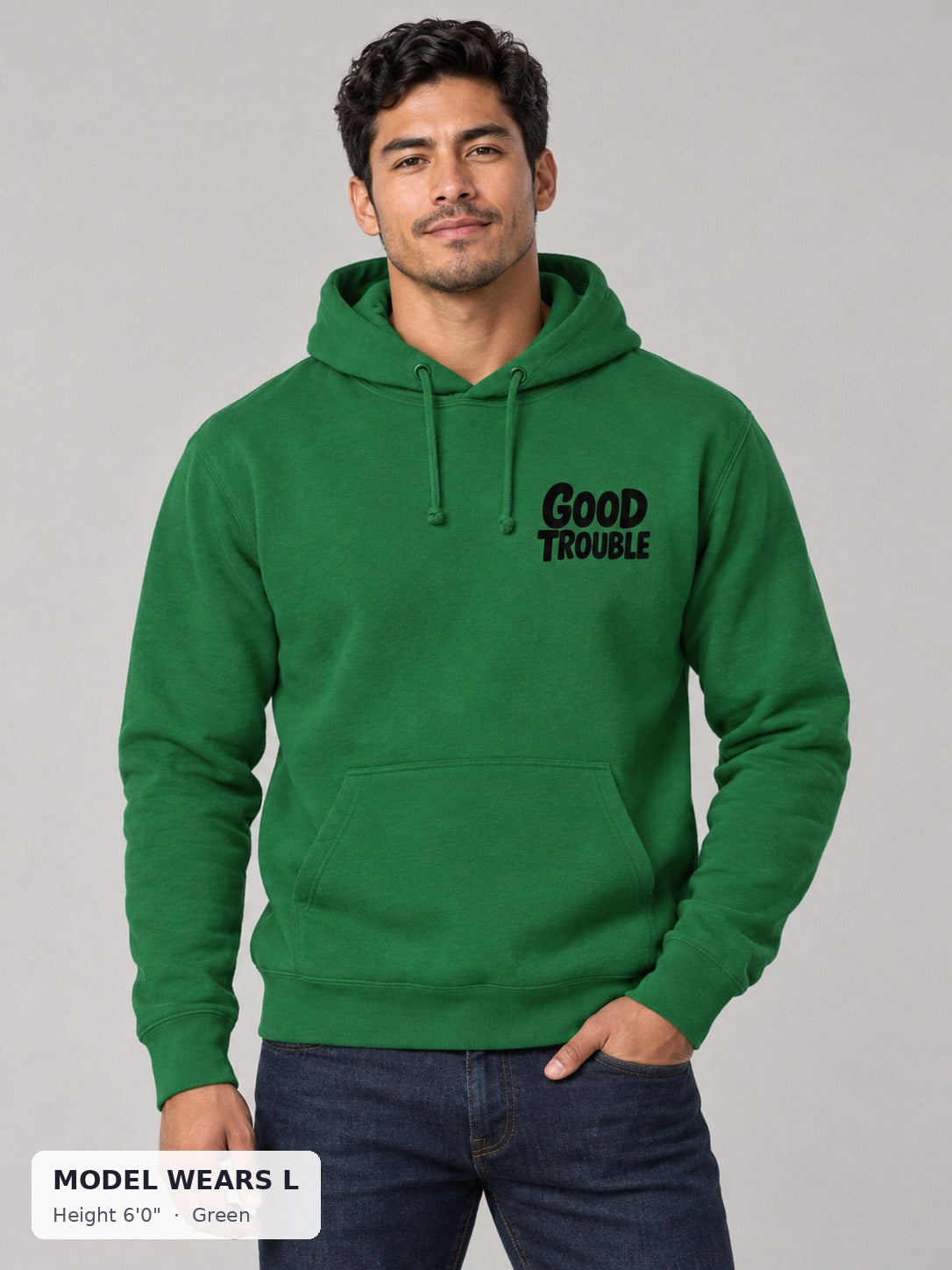 Good Trouble Chest Logo Hoodie in Green on an athletic model wearing size L, 6'0" - Good Trouble Fashion