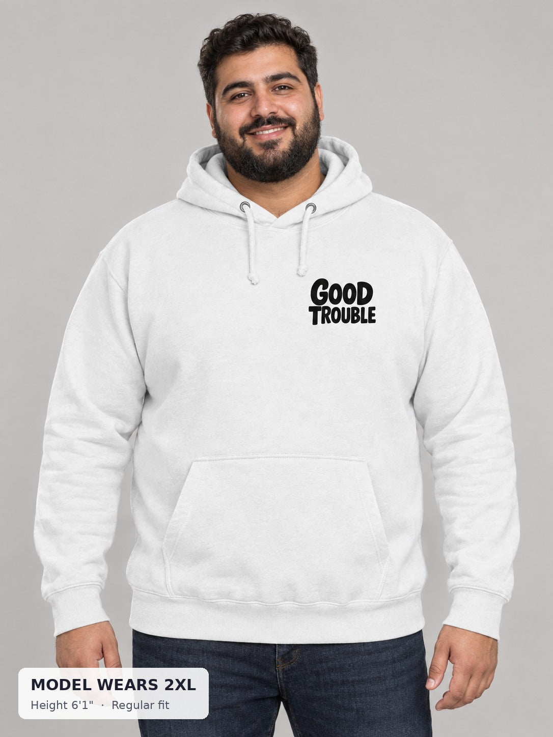 Good Trouble Chest Logo Hoodie on a plus-size model wearing size 2XL, 6'1" - Good Trouble Fashion