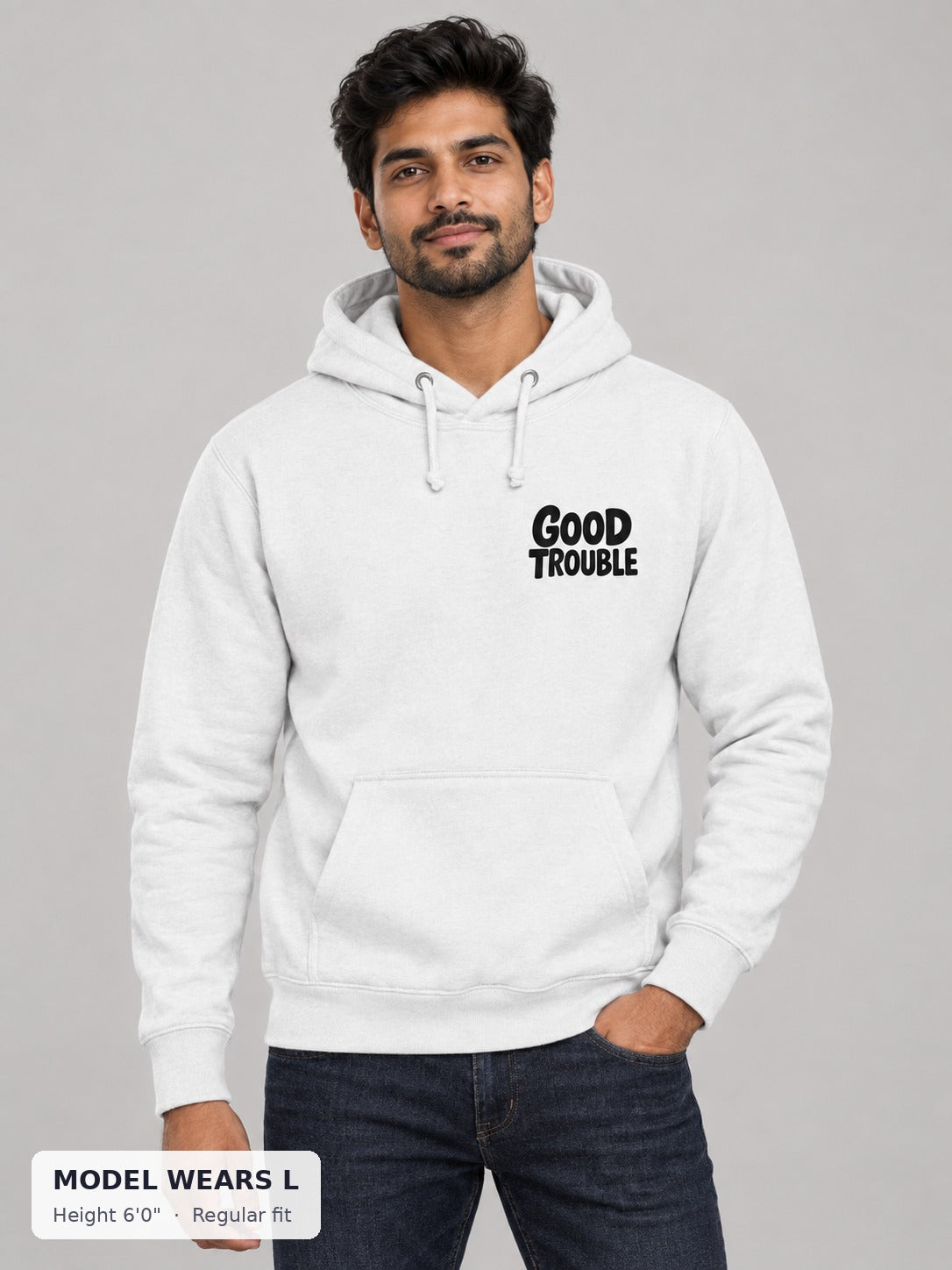 Good Trouble Chest Logo Hoodie on an athletic model wearing size L, 6'0" - Good Trouble Fashion