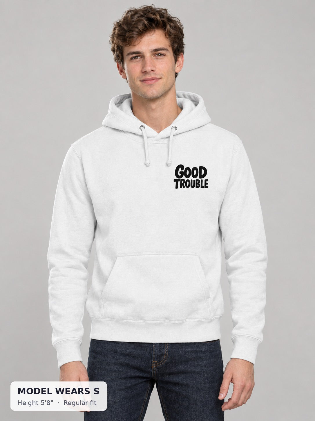 Good Trouble Chest Logo Hoodie on a slim model wearing size S, 5'8" - Good Trouble Fashion