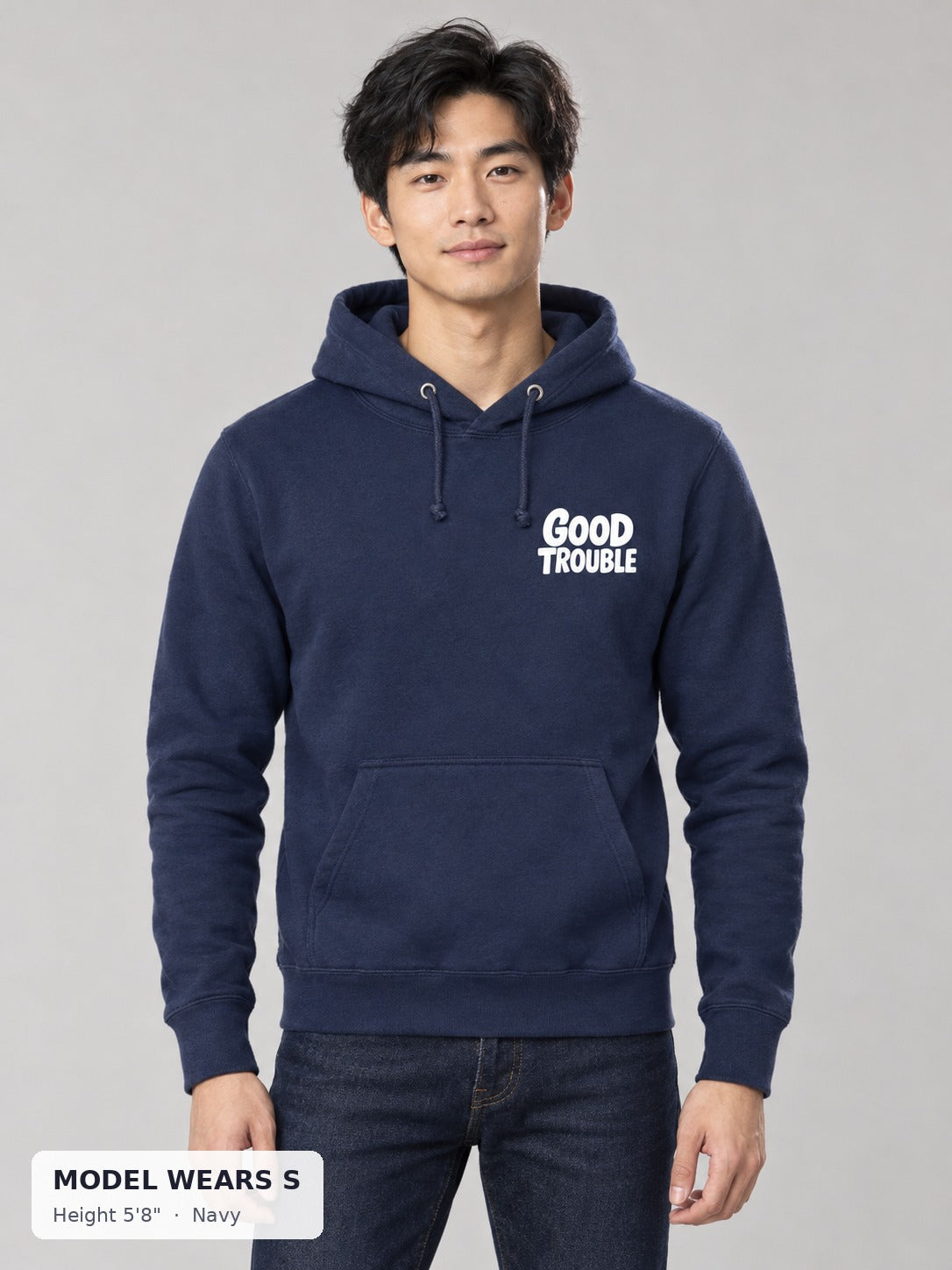Good Trouble Chest Logo Hoodie in Navy on a slim model wearing size S, 5'8" - Good Trouble Fashion