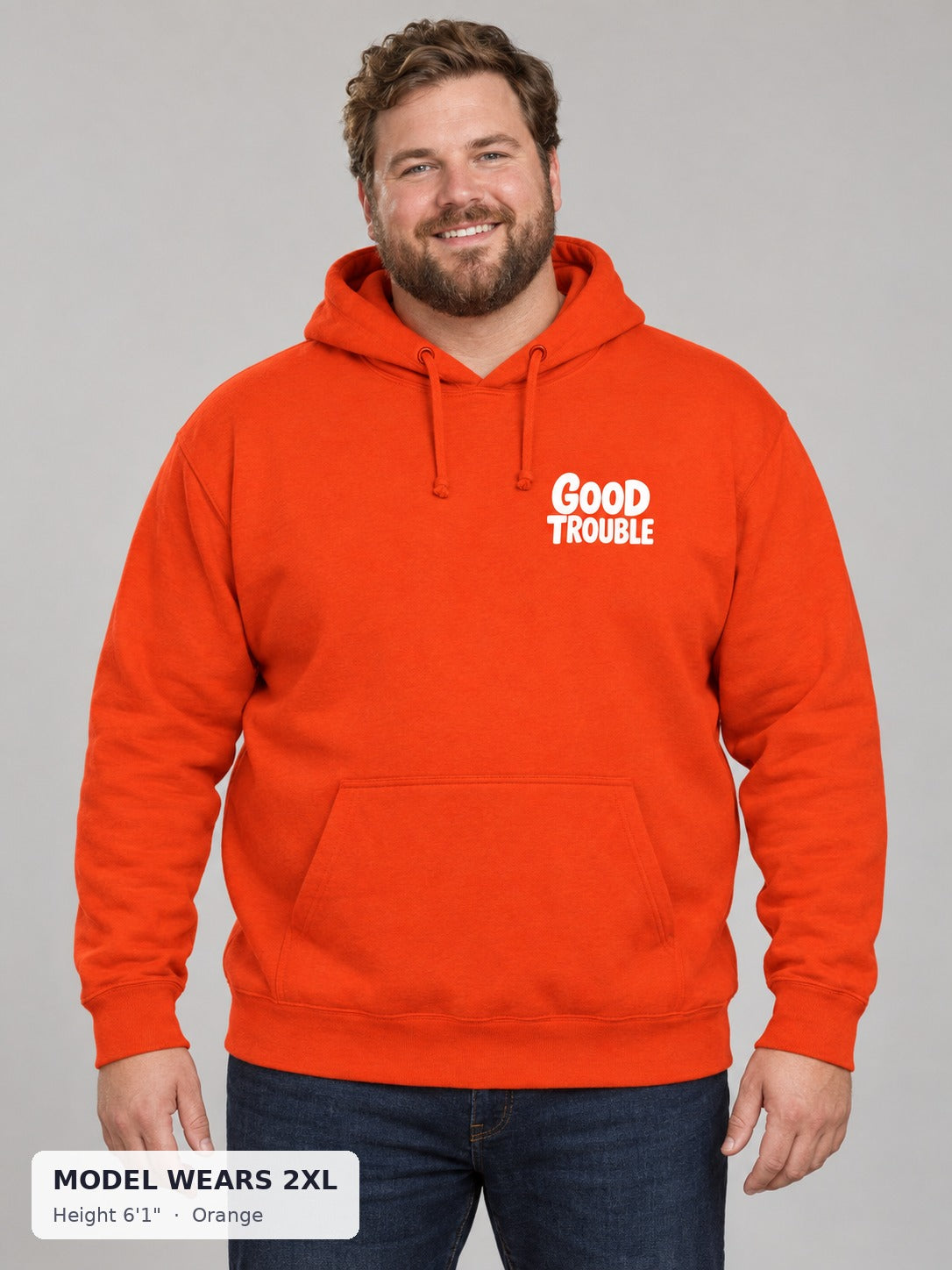Good Trouble Chest Logo Hoodie in Orange on a plus-size model wearing size 2XL, 6'1" - Good Trouble Fashion