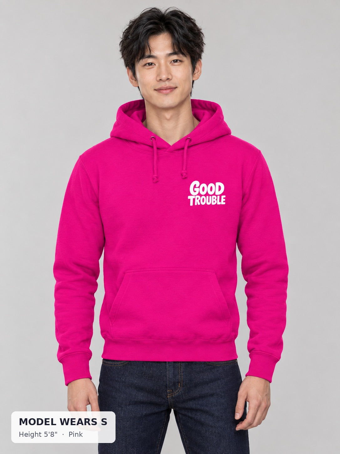 Good Trouble Chest Logo Hoodie in Pink on a slim model wearing size S, 5'8" - Good Trouble Fashion