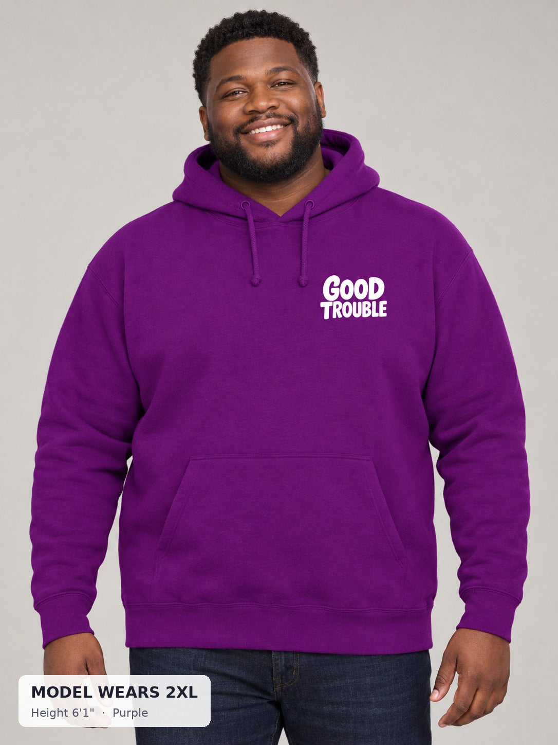 Good Trouble Chest Logo Hoodie in Purple on a plus-size model wearing size 2XL, 6'1" - Good Trouble Fashion