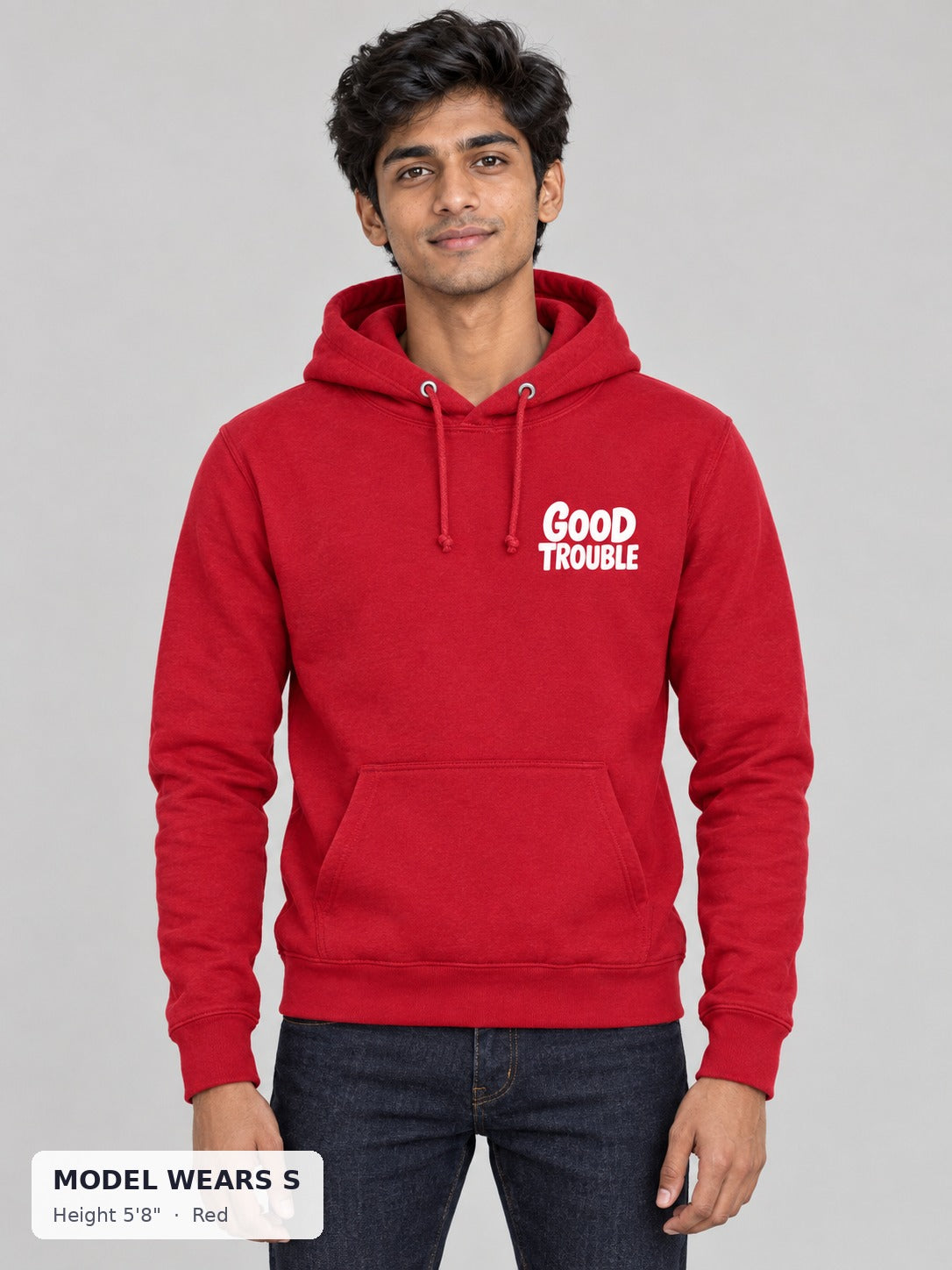 Good Trouble Chest Logo Hoodie in Red on a slim model wearing size S, 5'8" - Good Trouble Fashion