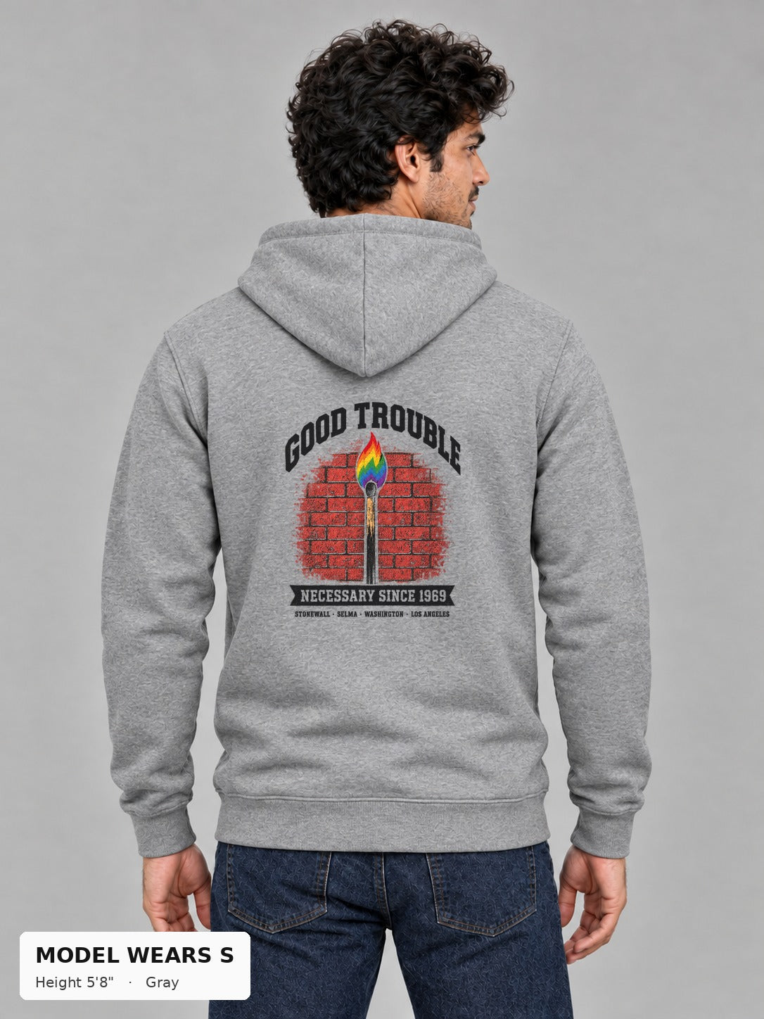 Good Trouble Necessary Since 1969 Hoodie in Gray, back view showing the GOOD TROUBLE brick-wall match back print, on a slim model wearing size S, 5'8" - Good Trouble Fashion