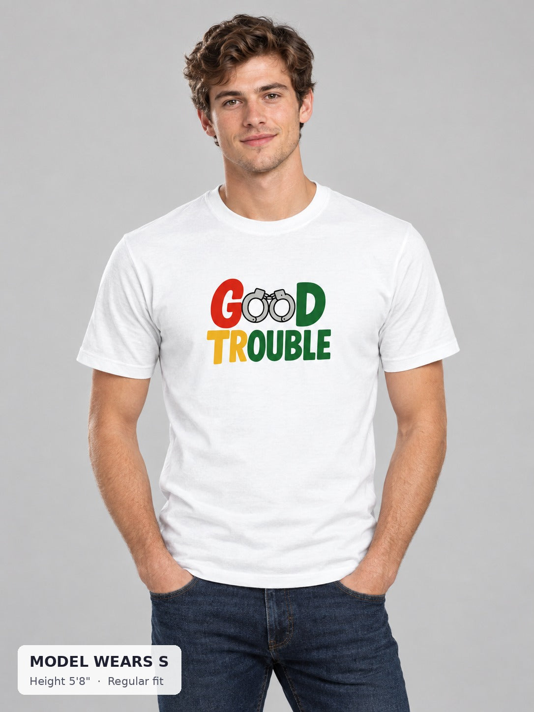 Good Trouble Protest activist T-Shirt on a slim model wearing size S, 5'8" - Good Trouble Fashion