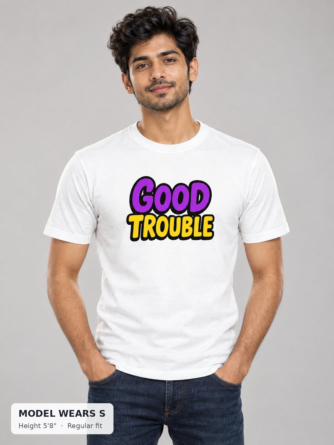Good Trouble Statement Tee on a slim model wearing size S, 5'8" - Good Trouble Fashion