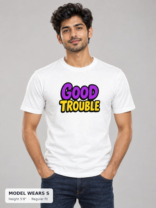 Good Trouble Statement Tee on a slim model wearing size S, 5'8" - Good Trouble Fashion