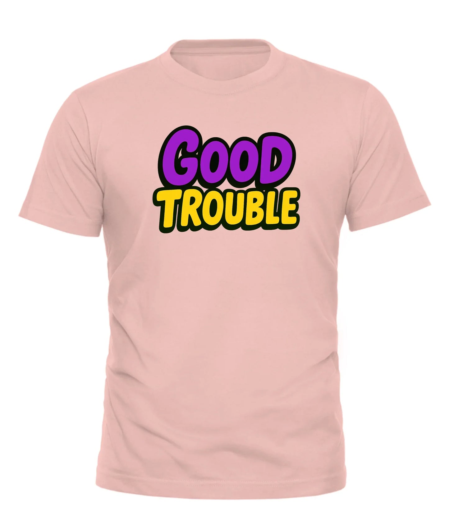 Pink Good Trouble t-shirt with bold purple and yellow Good Trouble text on front