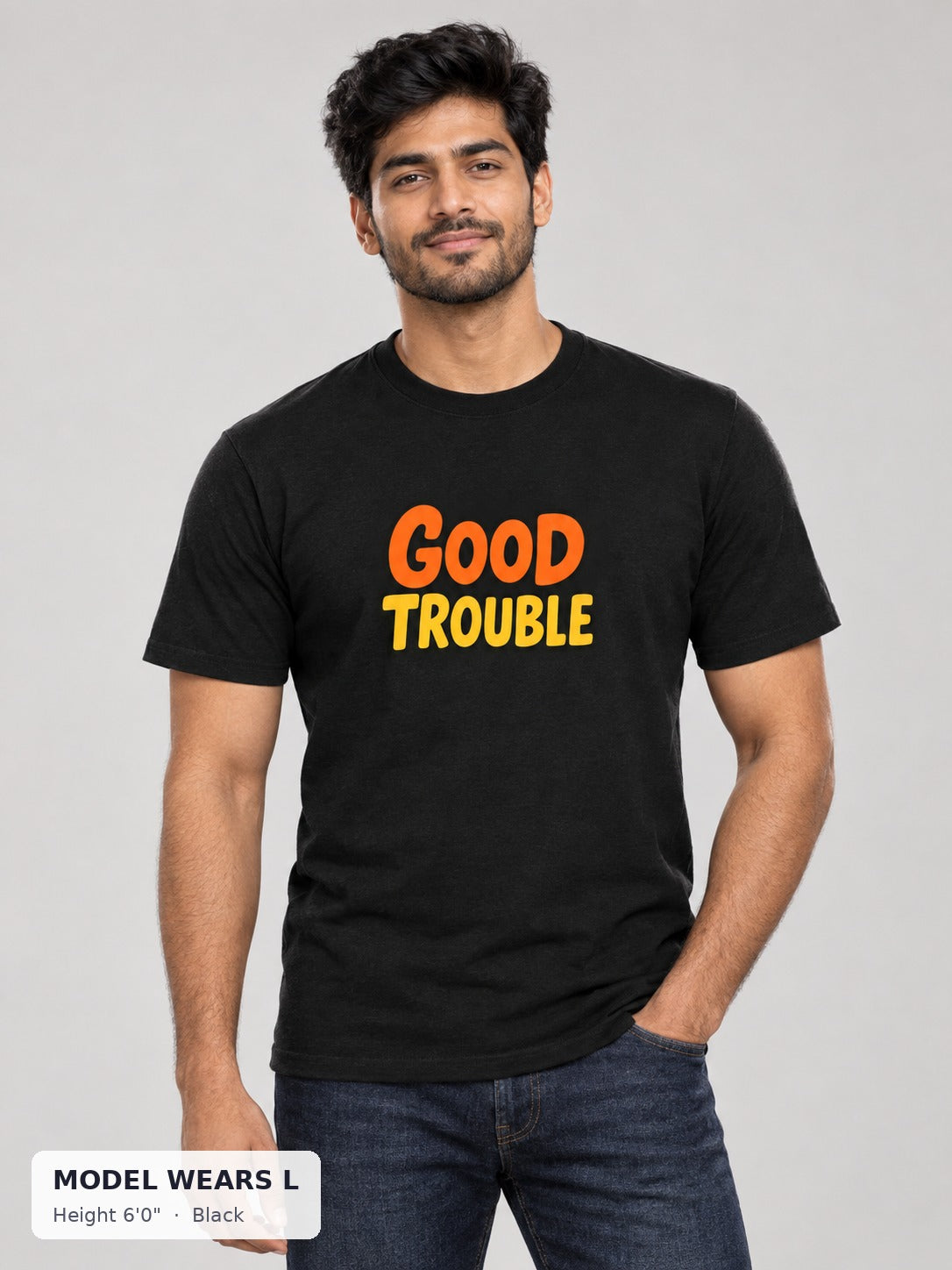 Good Trouble Signature Orange Tee in Black on an athletic model wearing size L, 6'0" - Good Trouble Fashion
