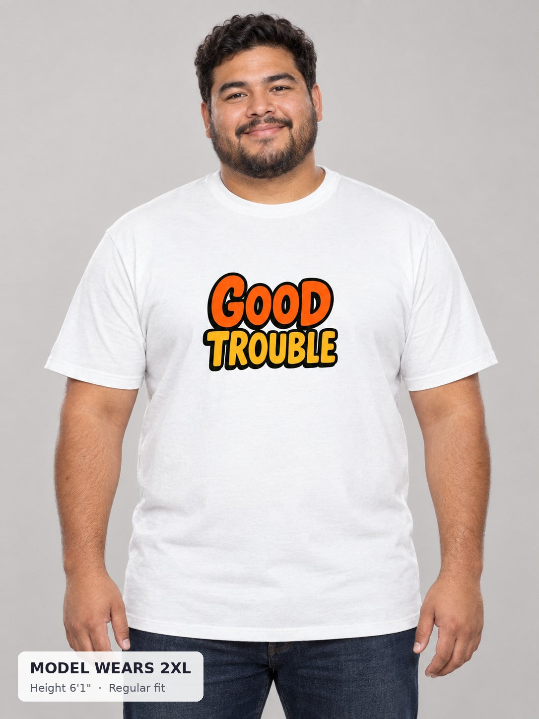 Good Trouble Signature Orange Tee on a plus-size model wearing size 2XL, 6'1" - Good Trouble Fashion