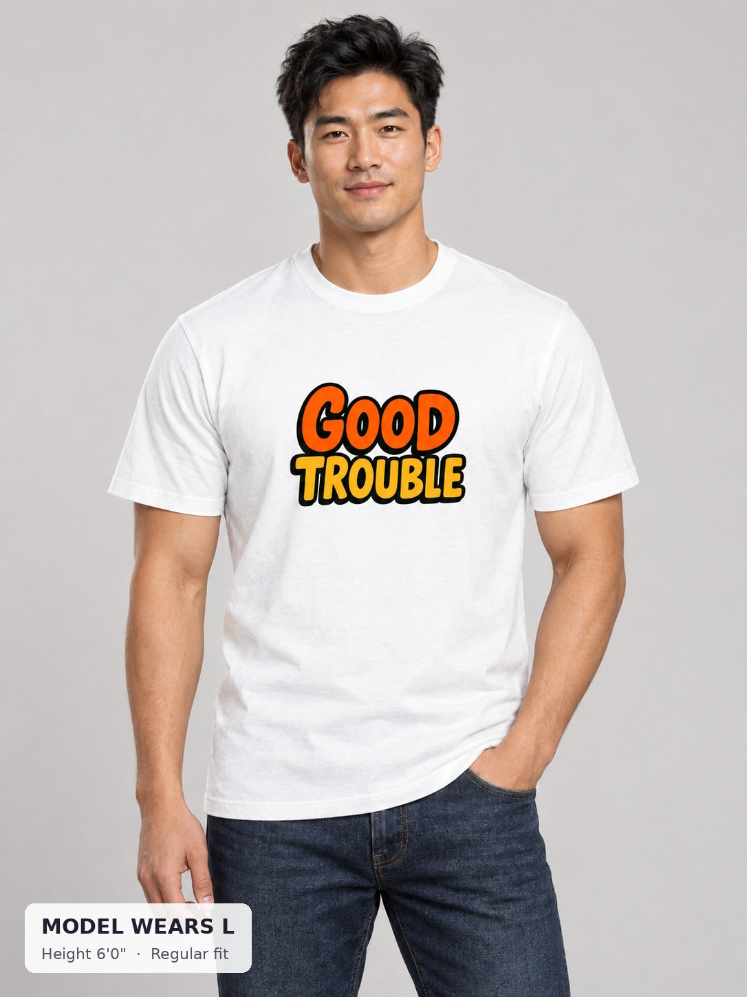 Good Trouble Signature Orange Tee on an athletic model wearing size L, 6'0" - Good Trouble Fashion
