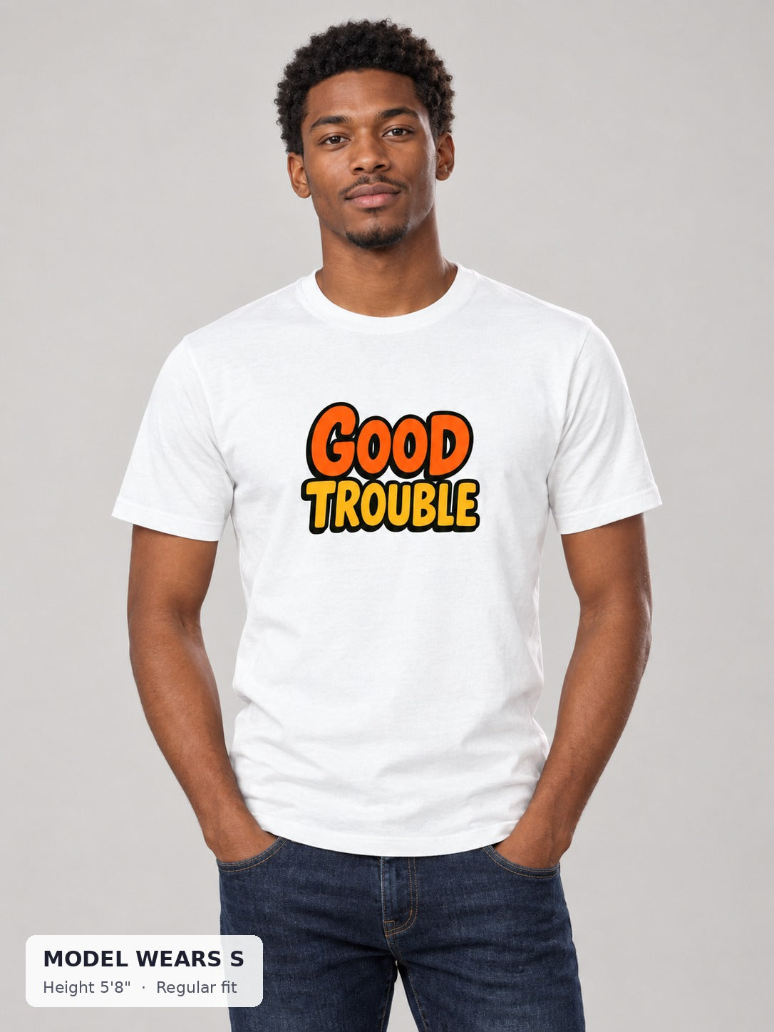 Good Trouble Signature Orange Tee on a slim model wearing size S, 5'8" - Good Trouble Fashion