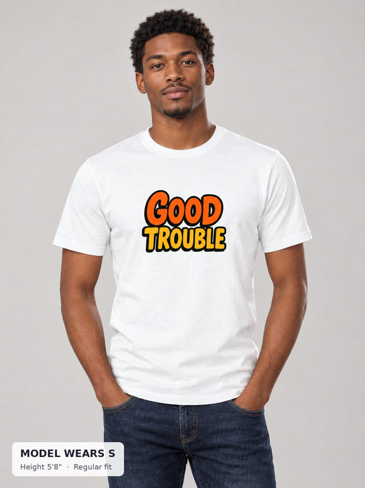 Good Trouble Signature Orange Tee on a slim model wearing size S, 5'8" - Good Trouble Fashion