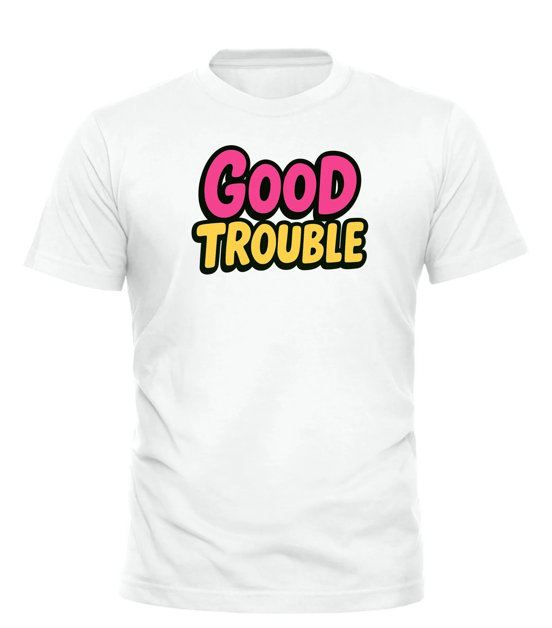White good trouble t-shirt with bold pink and yellow text graphic on front by Good Trouble Fashion
