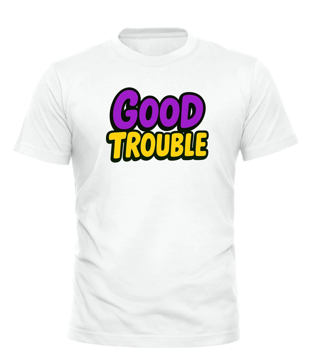 White Good Trouble t-shirt with bold purple and yellow graphic text design