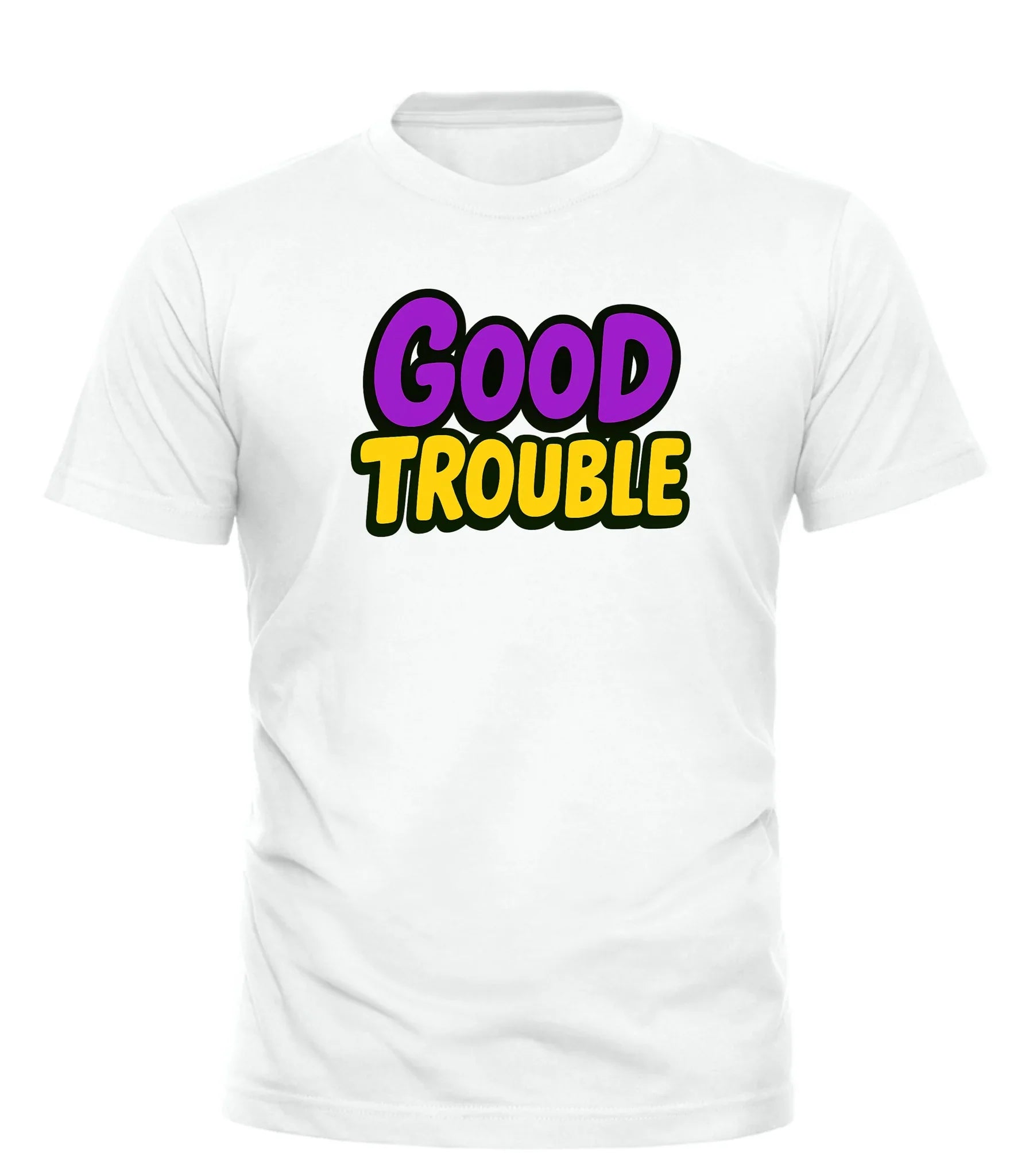 White Good Trouble t-shirt with bold purple and yellow graphic text design