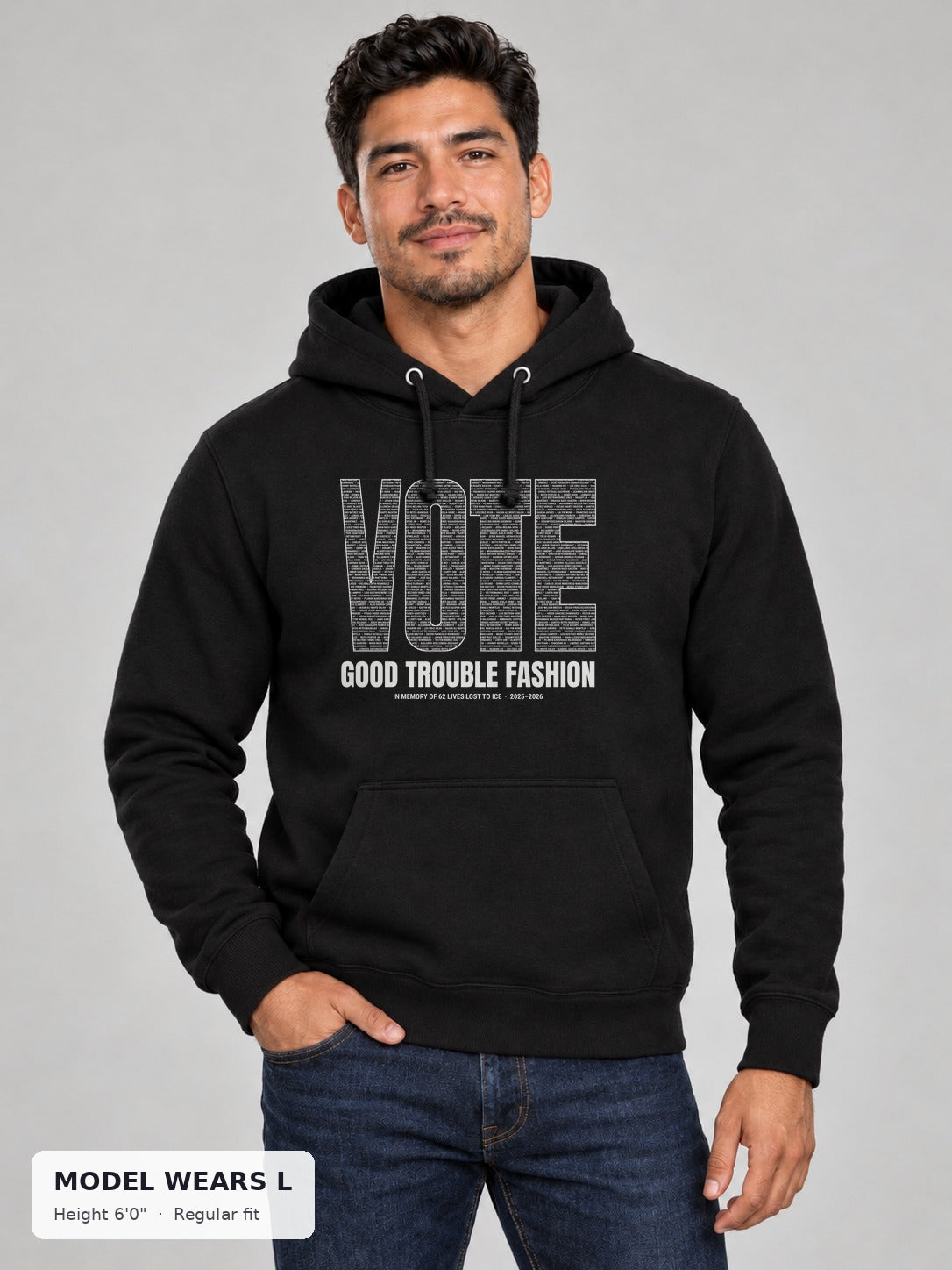 VOTE Memorial Names Hoodie on an athletic model wearing size L, 6'0" - Good Trouble Fashion