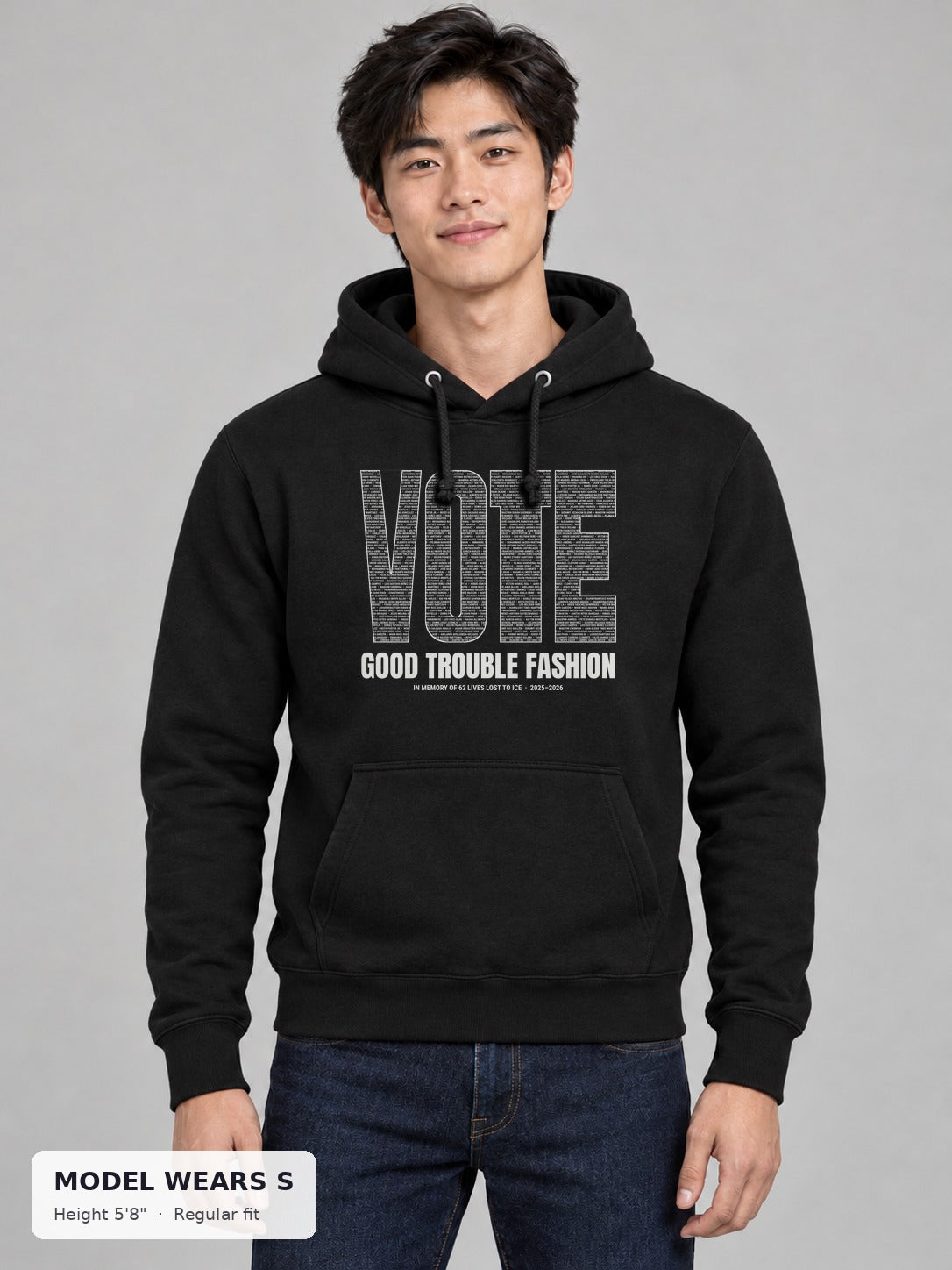 VOTE Memorial Names Hoodie on a slim model wearing size S, 5'8" - Good Trouble Fashion